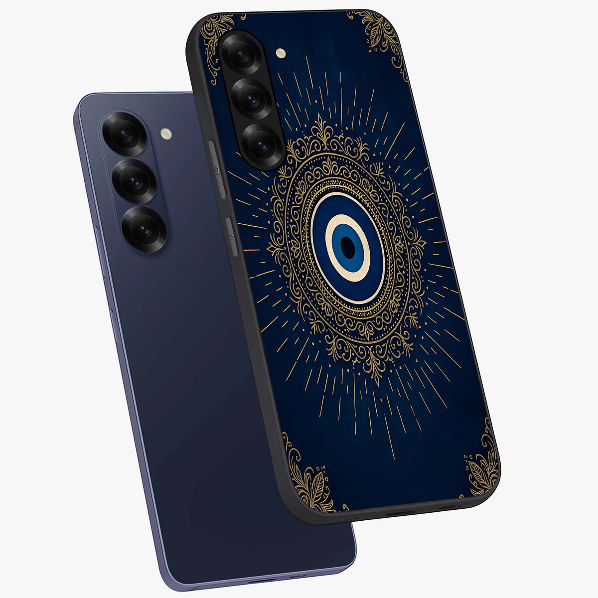 Golden Celestial Charm Glass Case displayed in angled mockup highlighting sparkling cosmic charm design with celestial aesthetic.