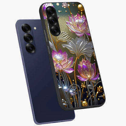 Golden Floral Majesty Glass Case displayed in angled mockup highlighting elegant flower design with royal golden aesthetic.