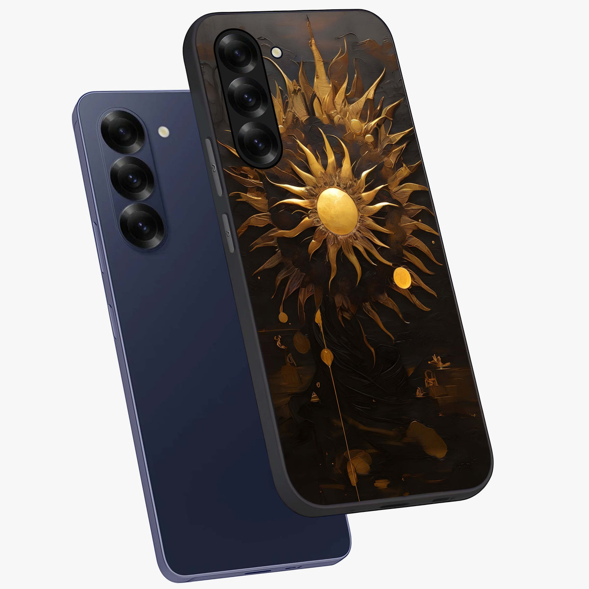 Golden Sun Majesty Glass Case displayed in angled mockup highlighting eerie shadow illustration with gothic aesthetic.