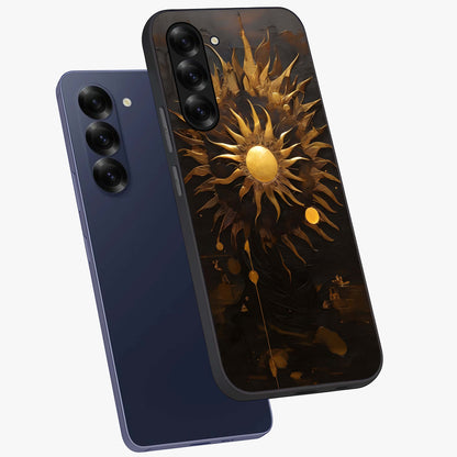 Golden Sun Majesty Glass Case displayed in angled mockup highlighting eerie shadow illustration with gothic aesthetic.