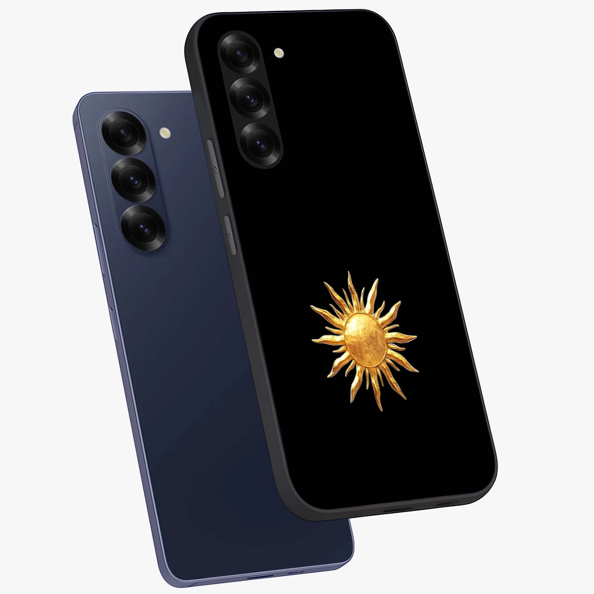 Golden Sun Minimalism Glass Case displayed in angled mockup highlighting eerie shadow illustration with gothic aesthetic.