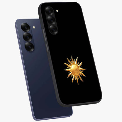 Golden Sun Minimalism Glass Case displayed in angled mockup highlighting eerie shadow illustration with gothic aesthetic.