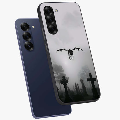 Graveyard Shadow Descent Glass Case displayed in angled mockup highlighting eerie shadow illustration with gothic aesthetic.