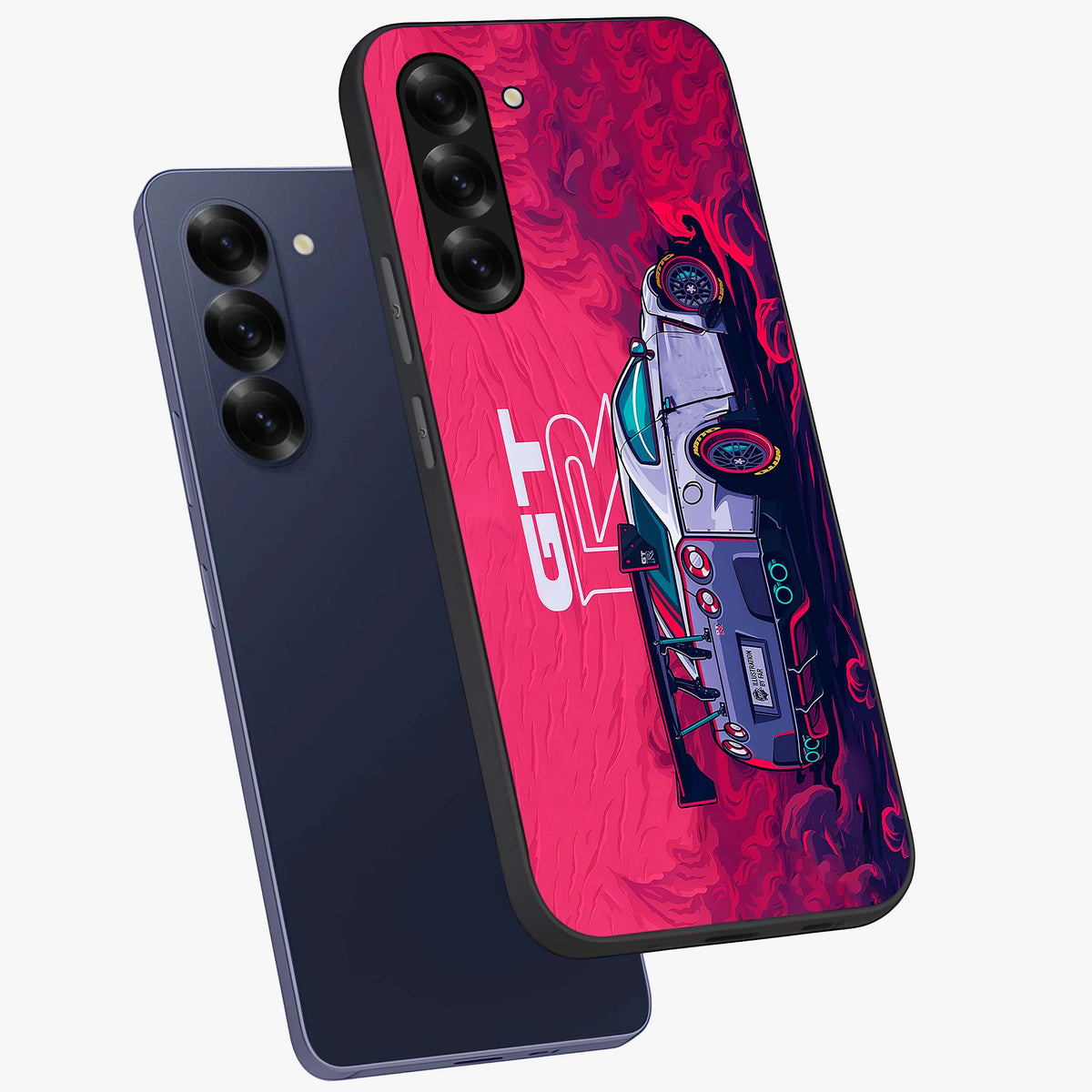 GT-R Car Pattern Glass Case displayed in angled mockup highlighting racing car graphic design with bold automotive aesthetic.