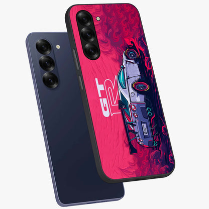 GT-R Car Pattern Glass Case displayed in angled mockup highlighting racing car graphic design with bold automotive aesthetic.