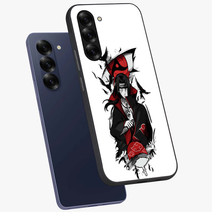 Itachi Limited Edition Naruto Anime Glass Case displayed in angled mockup highlighting dramatic anime illustration with bold action aesthetic.