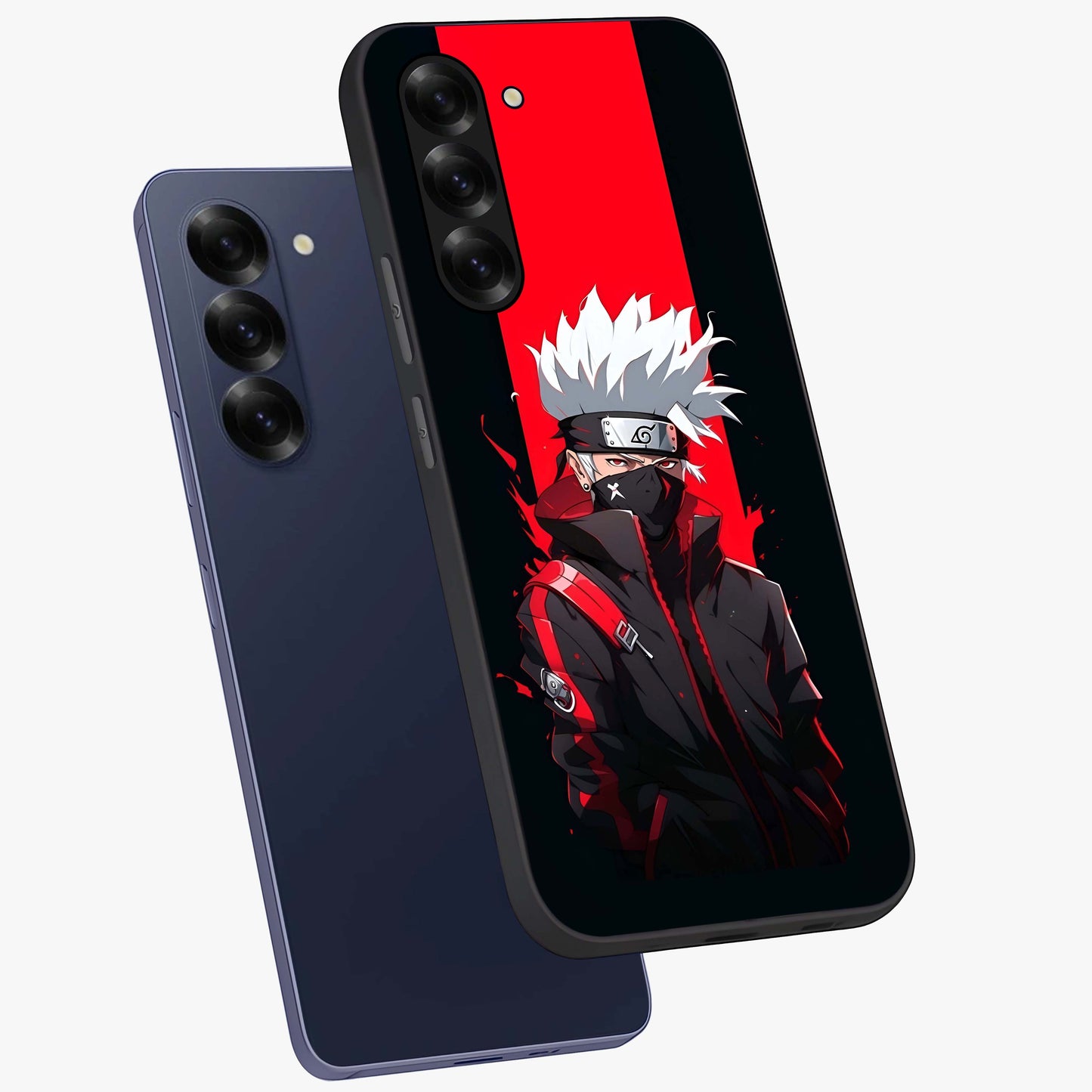 Kakashi Scarlet Shadow Glass Case displayed in angled mockup highlighting dramatic ninja illustration with scarlet themed aesthetic.
