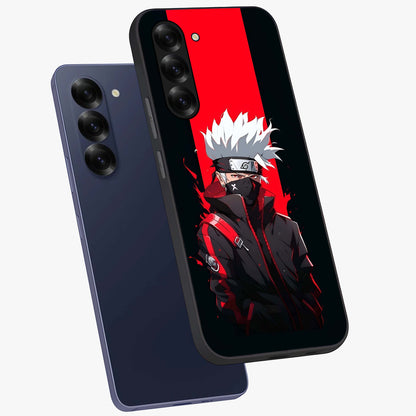 Kakashi Scarlet Shadow Glass Case displayed in angled mockup highlighting dramatic ninja illustration with scarlet themed aesthetic.