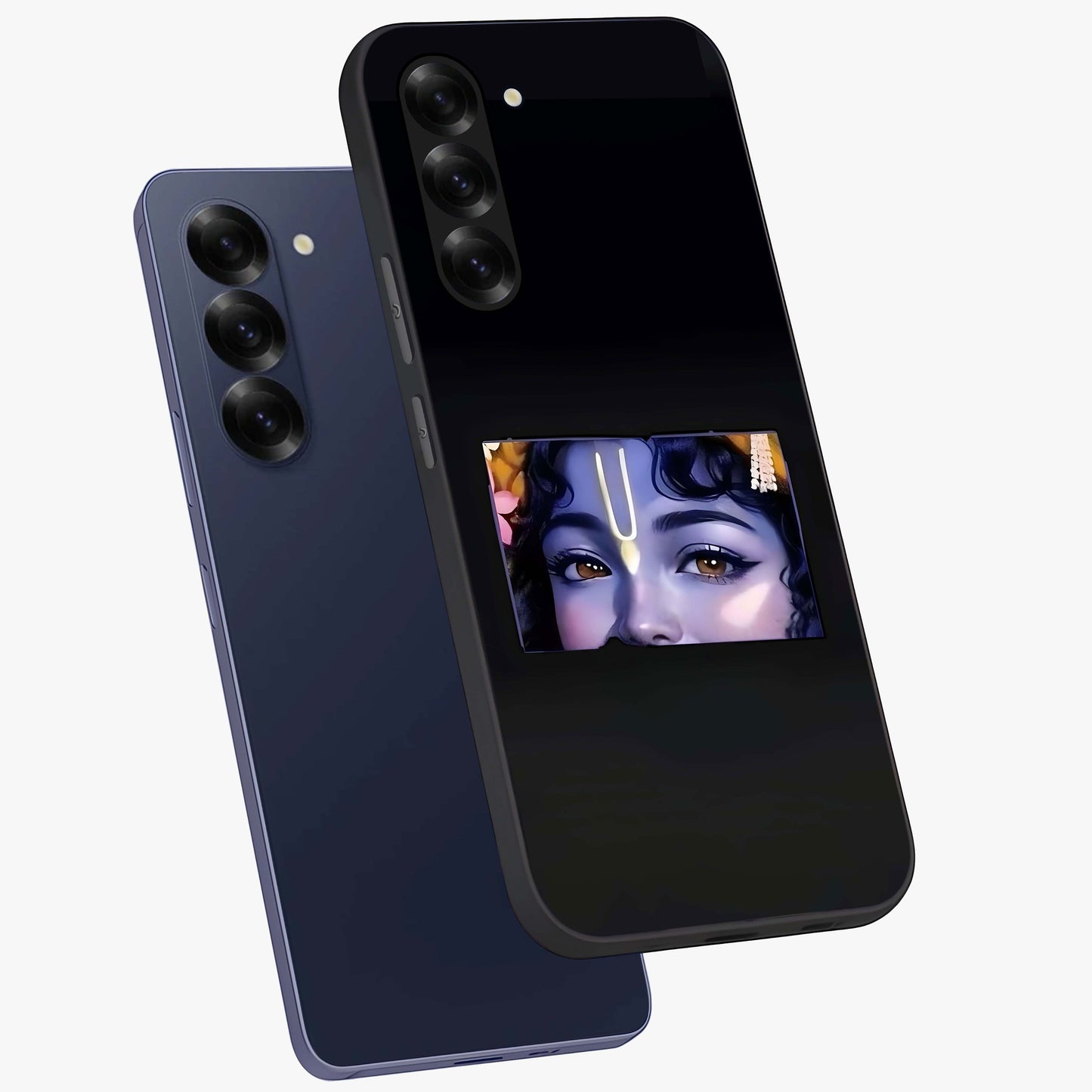 Krishna Divine Embrace Glass Case displayed in angled mockup highlighting divine Krishna illustration with spiritual aesthetic.