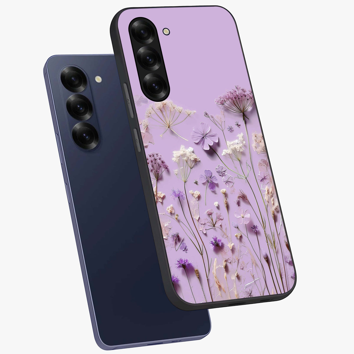 Lavender Blossom Dream Glass Case displayed in angled mockup highlighting dreamy lavender flower design with calming aesthetic style.
