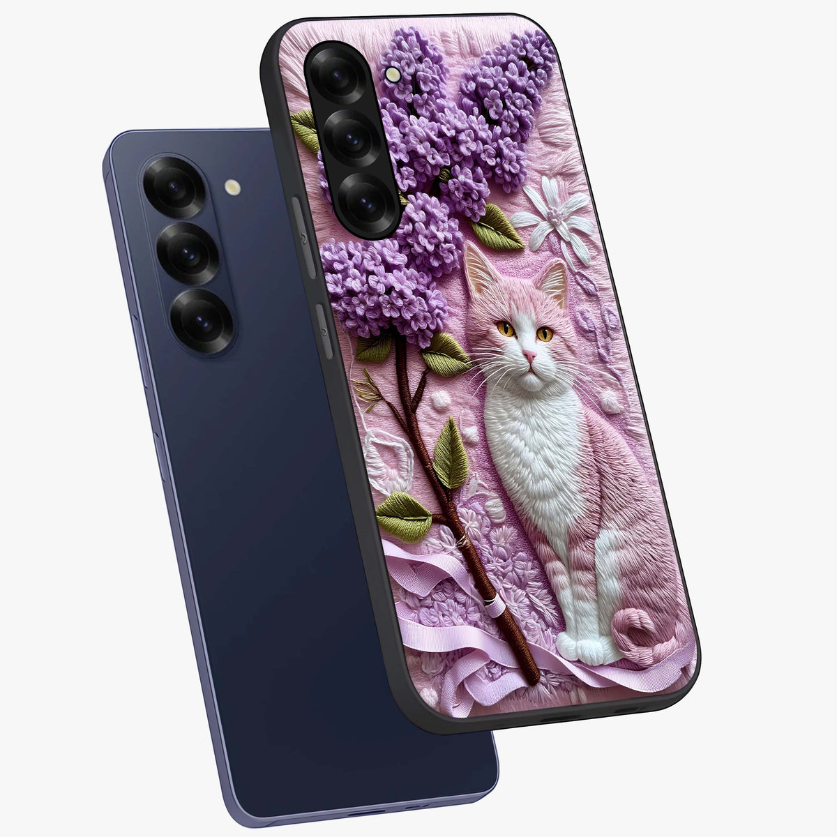 Lavender Cat Whimsy Glass Case displayed in angled mockup highlighting playful feline illustration with pastel lavender aesthetic.