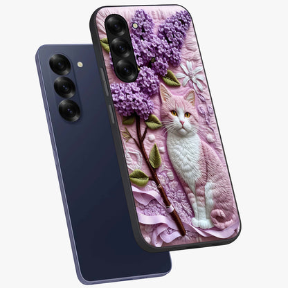 Lavender Cat Whimsy Glass Case displayed in angled mockup highlighting playful feline illustration with pastel lavender aesthetic.