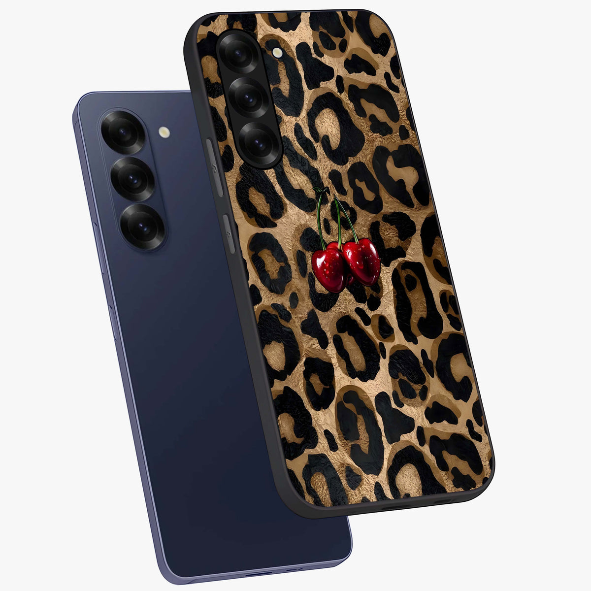 Leopard Wild Cherry Glass Case displayed in angled mockup highlighting bold animal print design with playful cherry aesthetic.