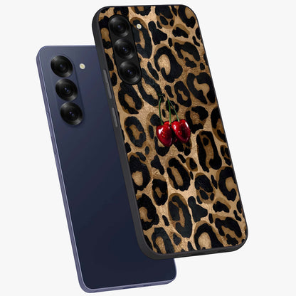 Leopard Wild Cherry Glass Case displayed in angled mockup highlighting bold animal print design with playful cherry aesthetic.