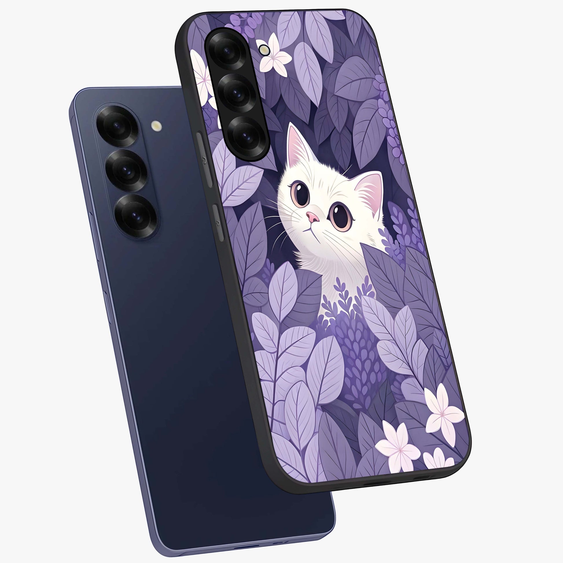 Lilac Hide Peek Cat Glass Case displayed in angled mockup highlighting playful feline illustration with lilac aesthetic design.