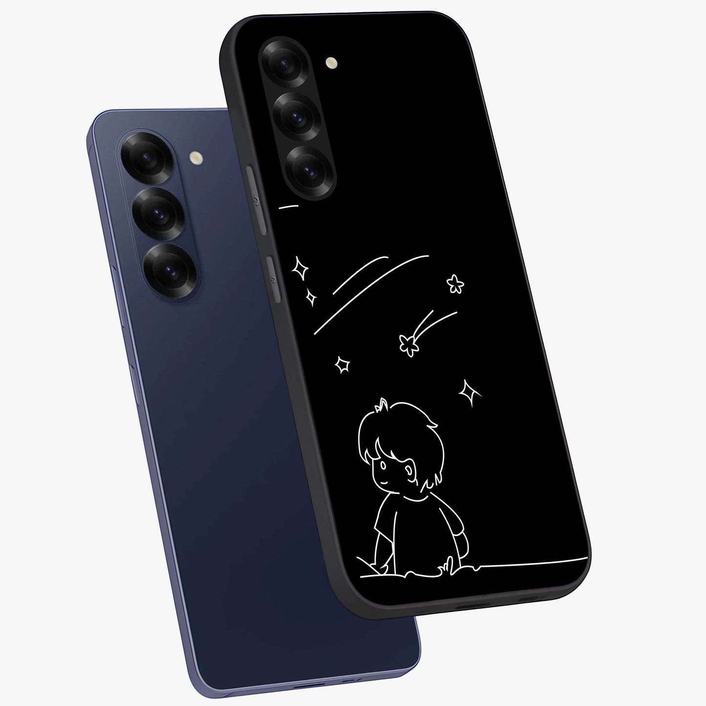 Line Art Boy With Shooting Stars Glass Case displayed in angled mockup highlighting elegant line art design with dreamy star aesthetic.