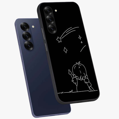 Line Art Girl With Shooting Stars Glass Case displayed in angled mockup highlighting elegant line art design with dreamy star aesthetic.