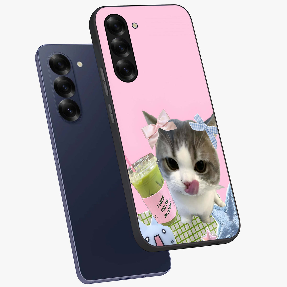 Love Matcha Cat Glass Case displayed in angled mockup highlighting playful feline illustration with cozy matcha aesthetic.