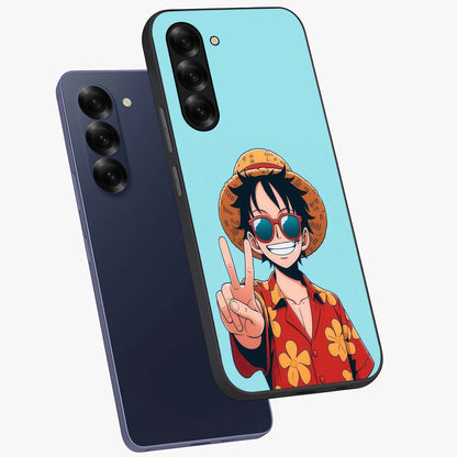 Luffy Summer Anime Vibe Glass Case displayed in angled mockup highlighting energetic anime illustration with summer vibe aesthetic.