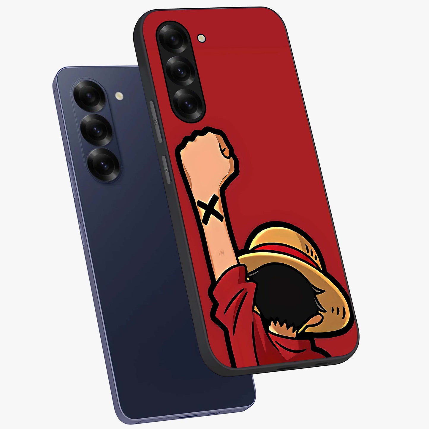 Luffy X Spirit Glass Case displayed in angled mockup highlighting powerful anime design with energetic action aesthetic.