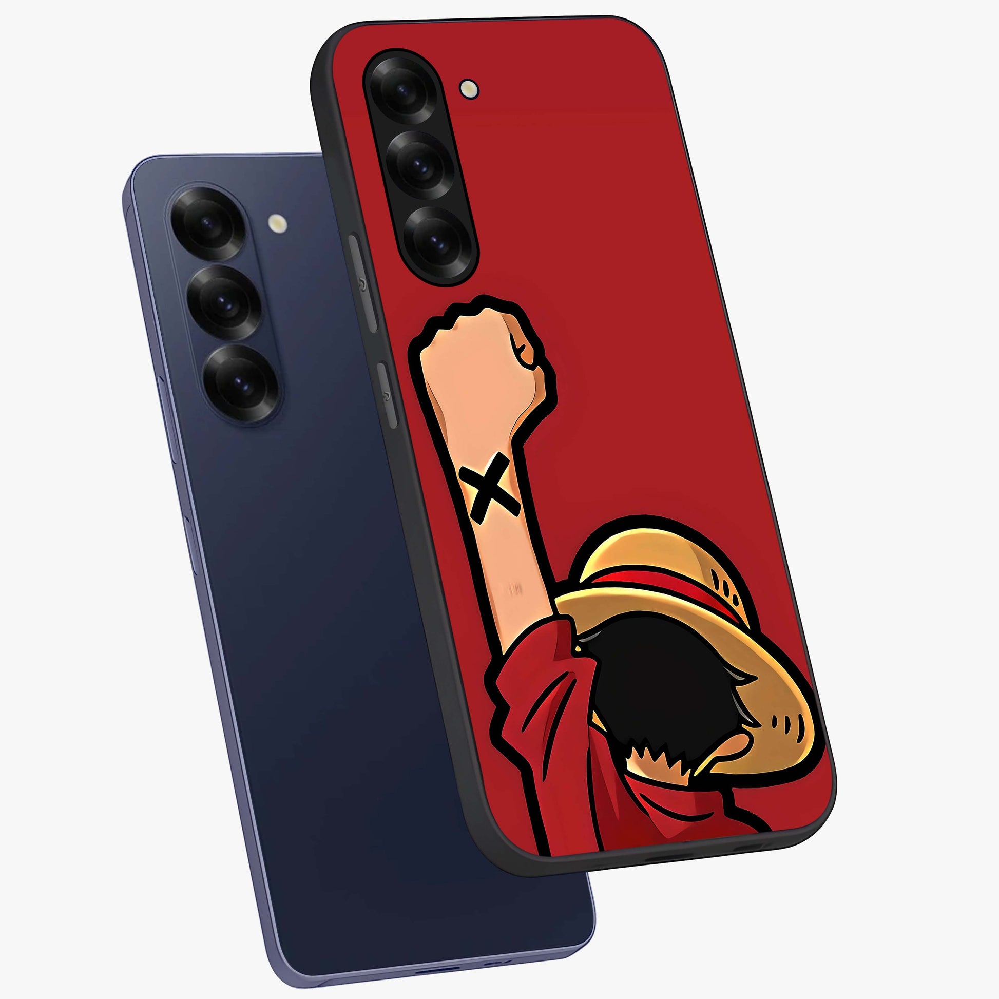 Luffy X Spirit Glass Case displayed in angled mockup highlighting powerful anime design with energetic action aesthetic.