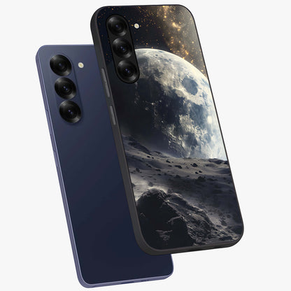 Lunar Horizon Glow Glass Case displayed in angled mockup highlighting celestial moon design with dreamy night aesthetic.