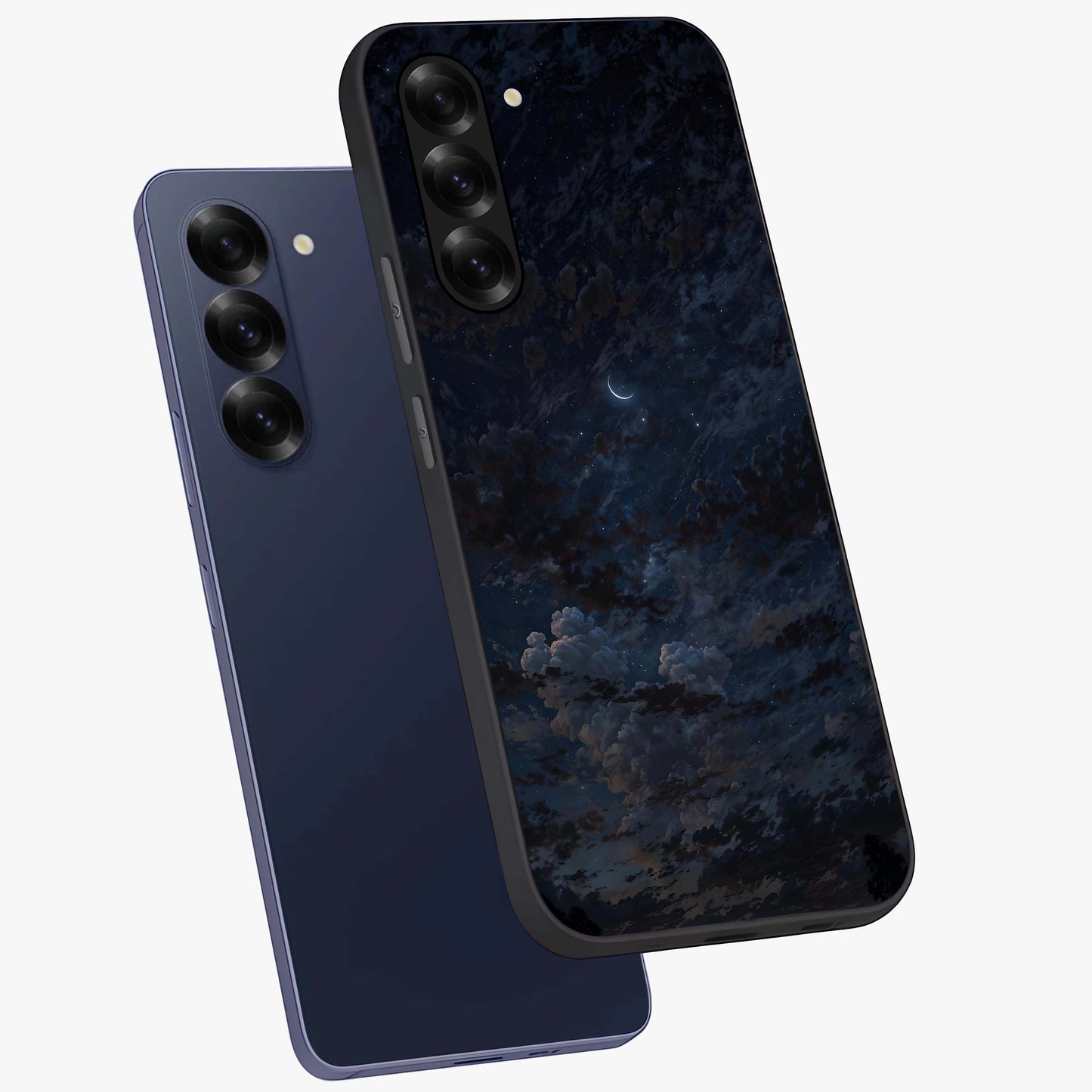 Lunar Veil Silence Glass Case displayed in angled mockup highlighting soft lunar design with peaceful celestial aesthetic.