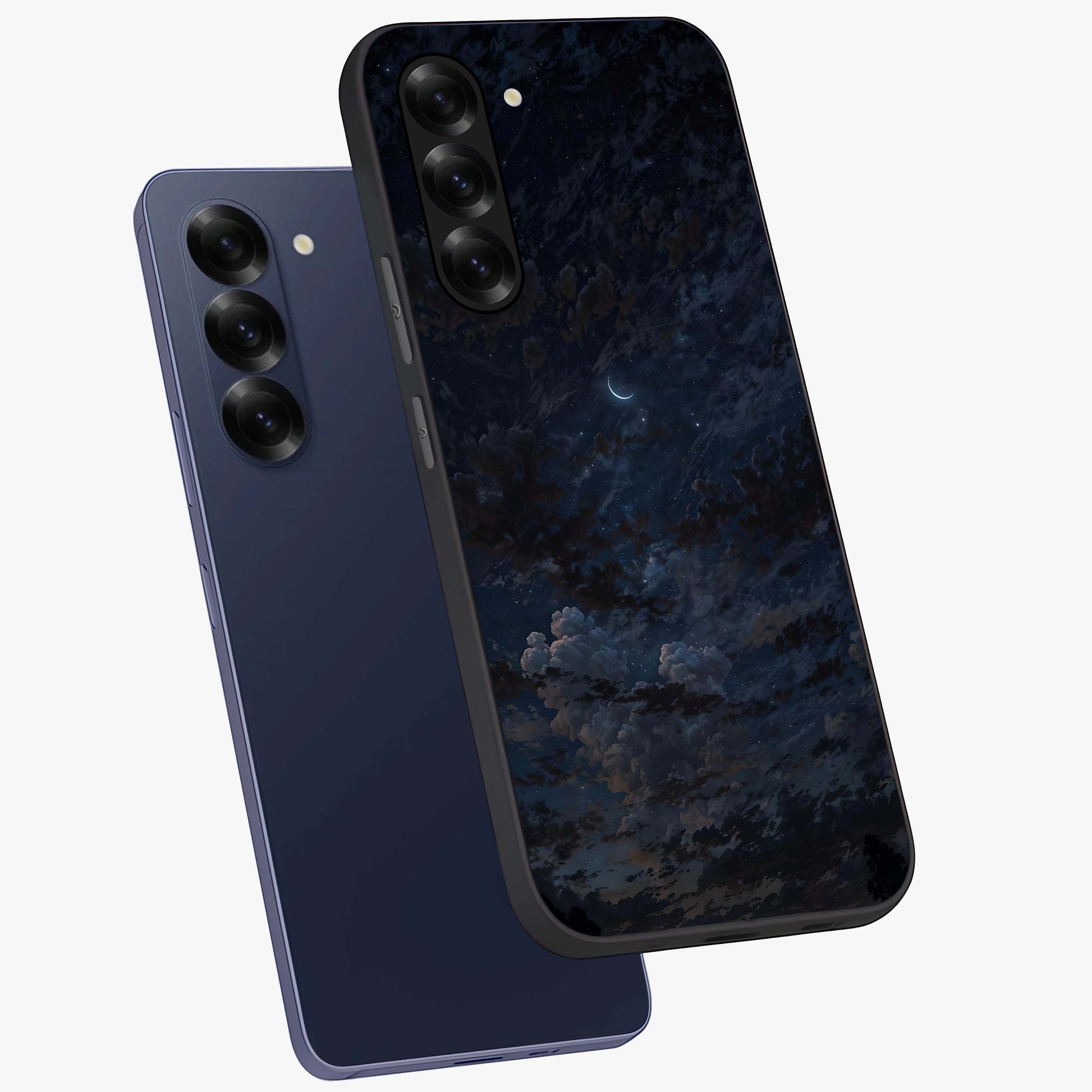 Lunar Veil Silence Glass Case displayed in angled mockup highlighting soft lunar design with peaceful celestial aesthetic.