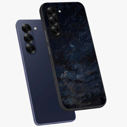 Lunar Veil Silence Glass Case displayed in angled mockup highlighting soft lunar design with peaceful celestial aesthetic.