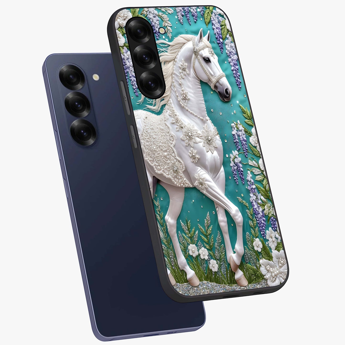 Majestic Floral Stallion Glass Case displayed in angled mockup highlighting majestic stallion illustration with elegant floral aesthetic.