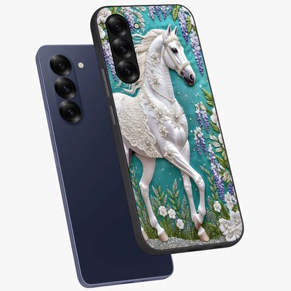 Majestic Floral Stallion Glass Case displayed in angled mockup highlighting majestic stallion illustration with elegant floral aesthetic.