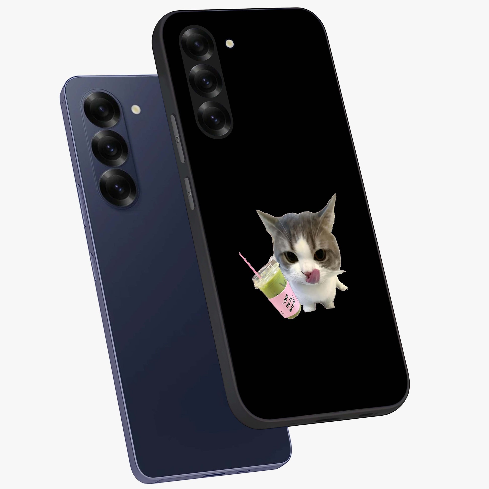 Matcha Cat Style Glass Case displayed in angled mockup highlighting playful feline design with pastel matcha aesthetic.