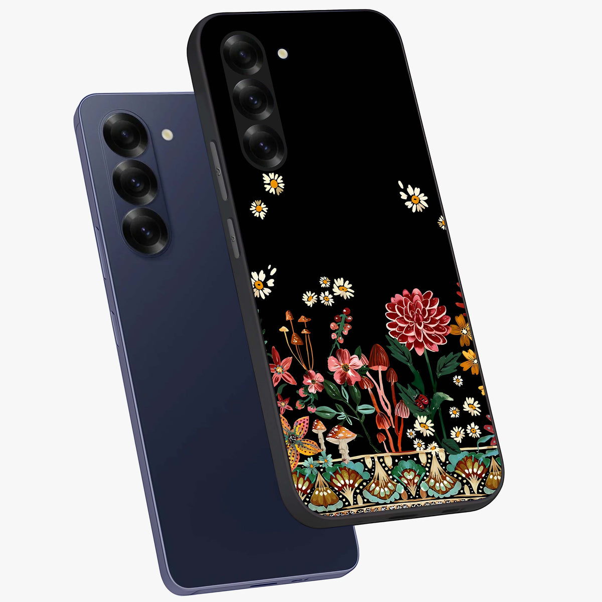 Midnight Bloom Pattern Glass Case displayed in angled mockup highlighting elegant flower design with midnight aesthetic style.