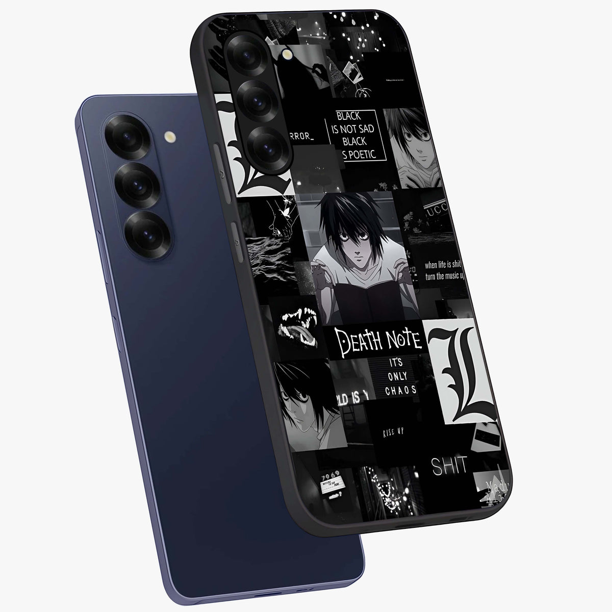 Midnight Chaos Mind Glass Case displayed in angled mockup highlighting chaotic artistic design with dramatic midnight aesthetic.