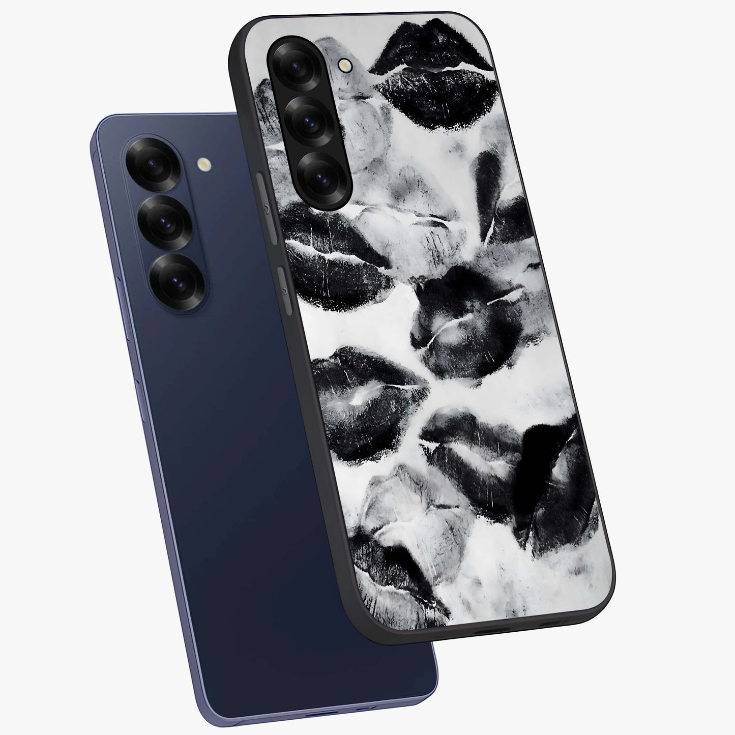 Midnight Kiss Marks Glass Case displayed in angled mockup highlighting playful romantic design with bold midnight aesthetic.