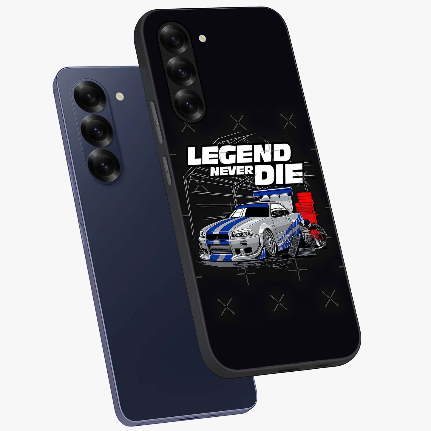 Midnight Racing Legacy Glass Case displayed in angled mockup highlighting dynamic automotive design with bold midnight aesthetic.