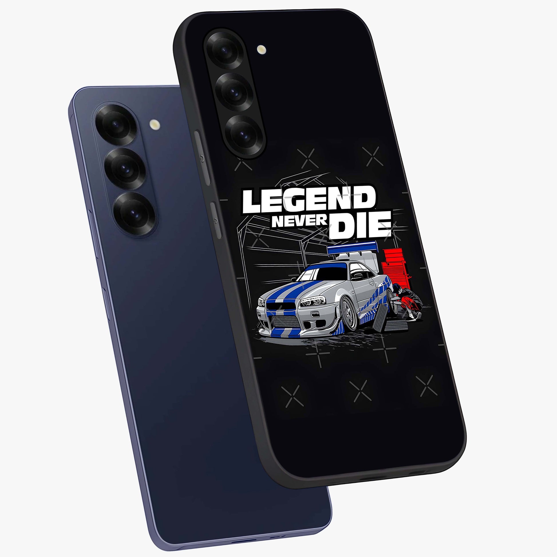 Midnight Racing Legacy Glass Case displayed in angled mockup highlighting dynamic automotive design with bold midnight aesthetic.