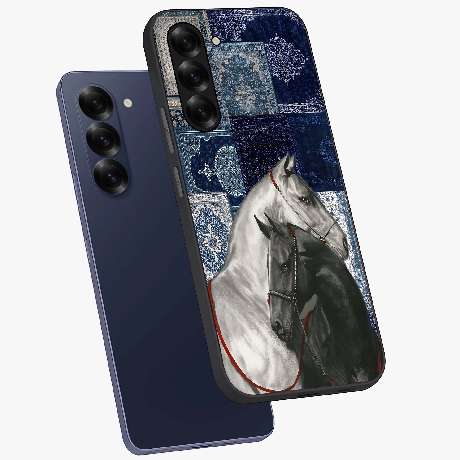 Midnight Stallion Blues Glass Case displayed in angled mockup highlighting powerful stallion illustration with deep midnight tones.