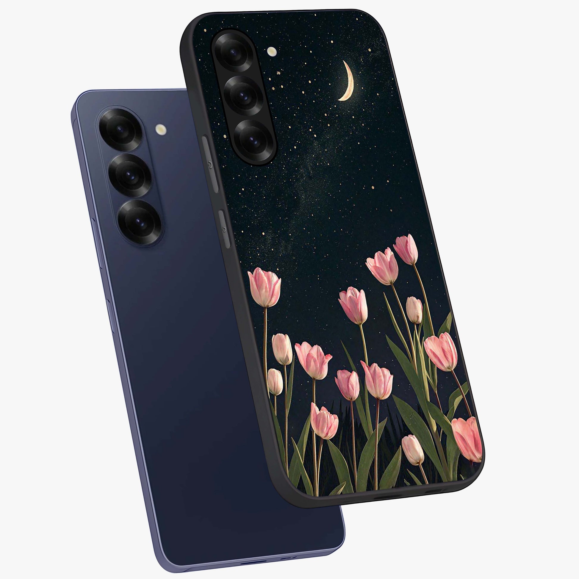 Midnight Tulip Whispers Vibe Glass Case displayed in angled mockup highlighting delicate tulip design with midnight floral aesthetic.