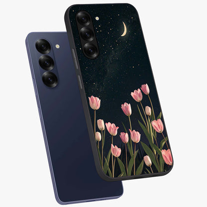 Midnight Tulip Whispers Vibe Glass Case displayed in angled mockup highlighting delicate tulip design with midnight floral aesthetic.
