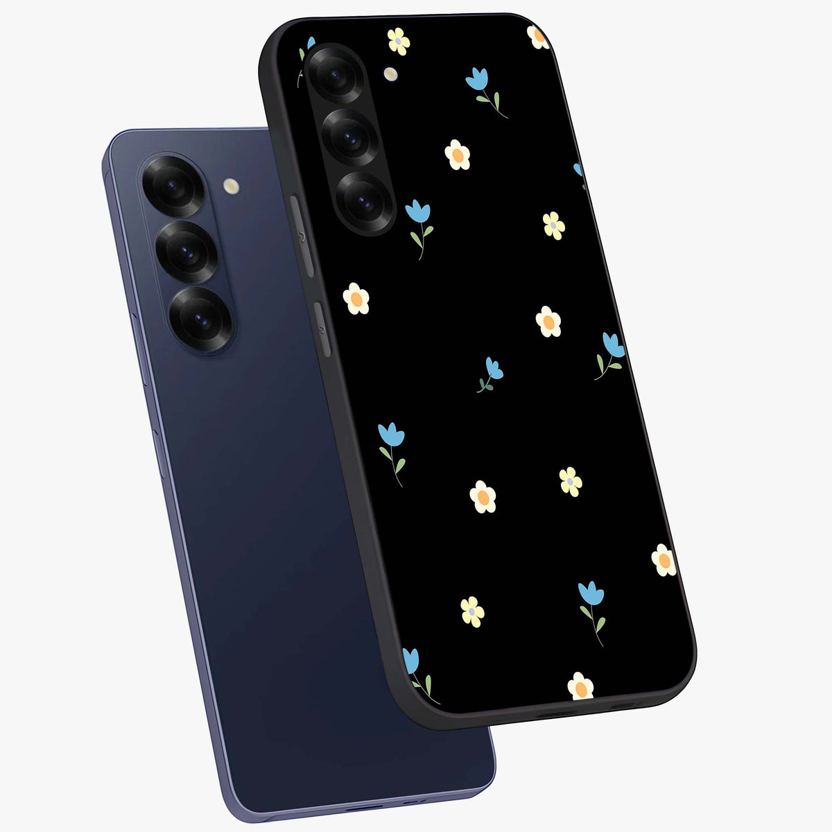 Minimal Petal Whispers Glass Case displayed in angled mockup highlighting delicate petal design with clean minimal aesthetic.