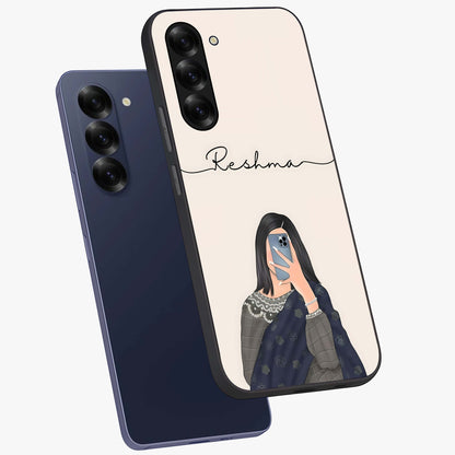 Mirror Mood Muse With Custom Name Glass Case displayed in angled mockup highlighting aesthetic mirror inspired design with custom name feature.