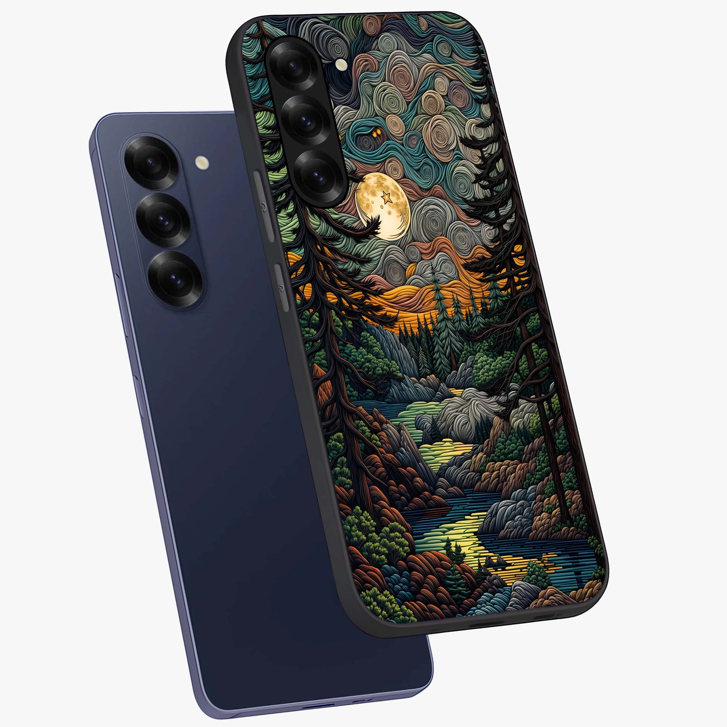 Moonlight Forest Dream Glass Case displayed in angled mockup highlighting dreamy forest design with glowing moon aesthetic.