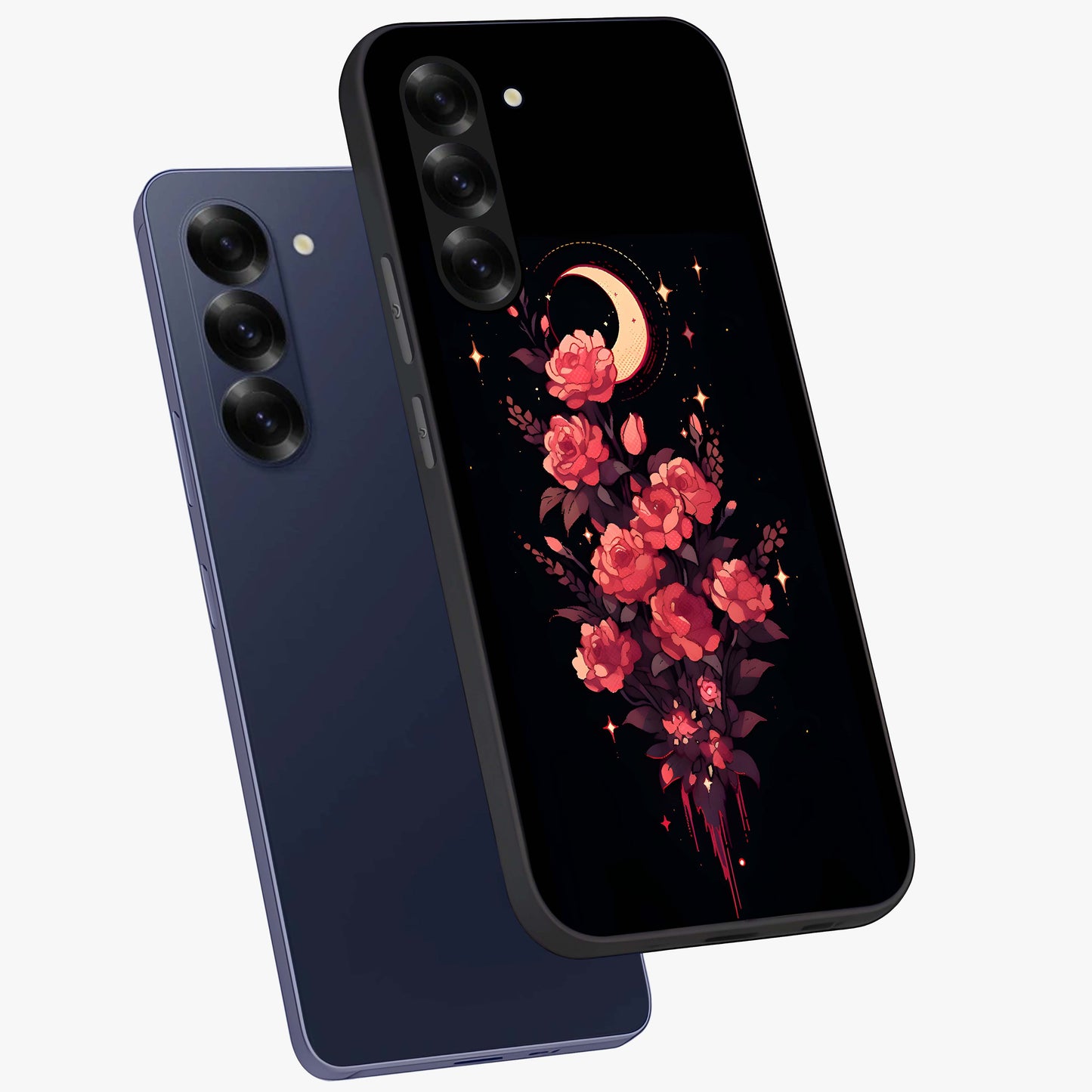 Moonlit Floral Elegance Glass Case displayed in angled mockup highlighting graceful flower design with soft moonlight aesthetic.