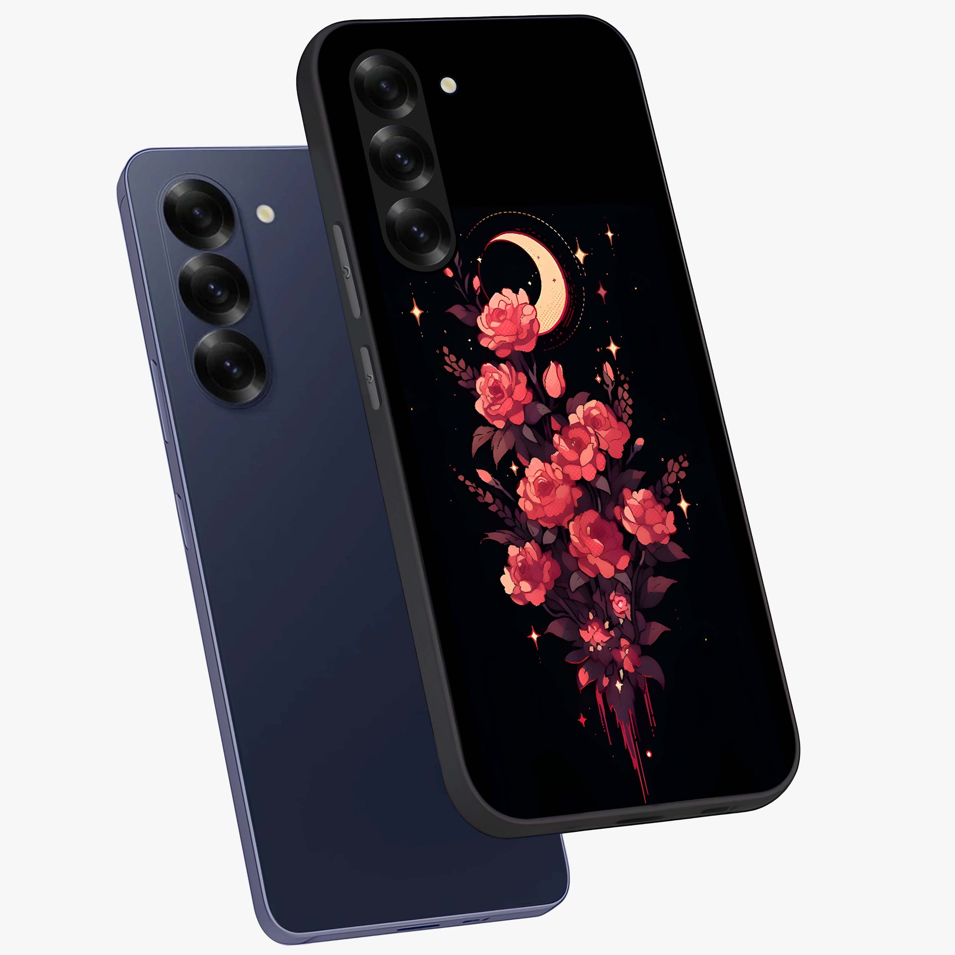 Moonlit Floral Elegance Glass Case displayed in angled mockup highlighting graceful flower design with soft moonlight aesthetic.