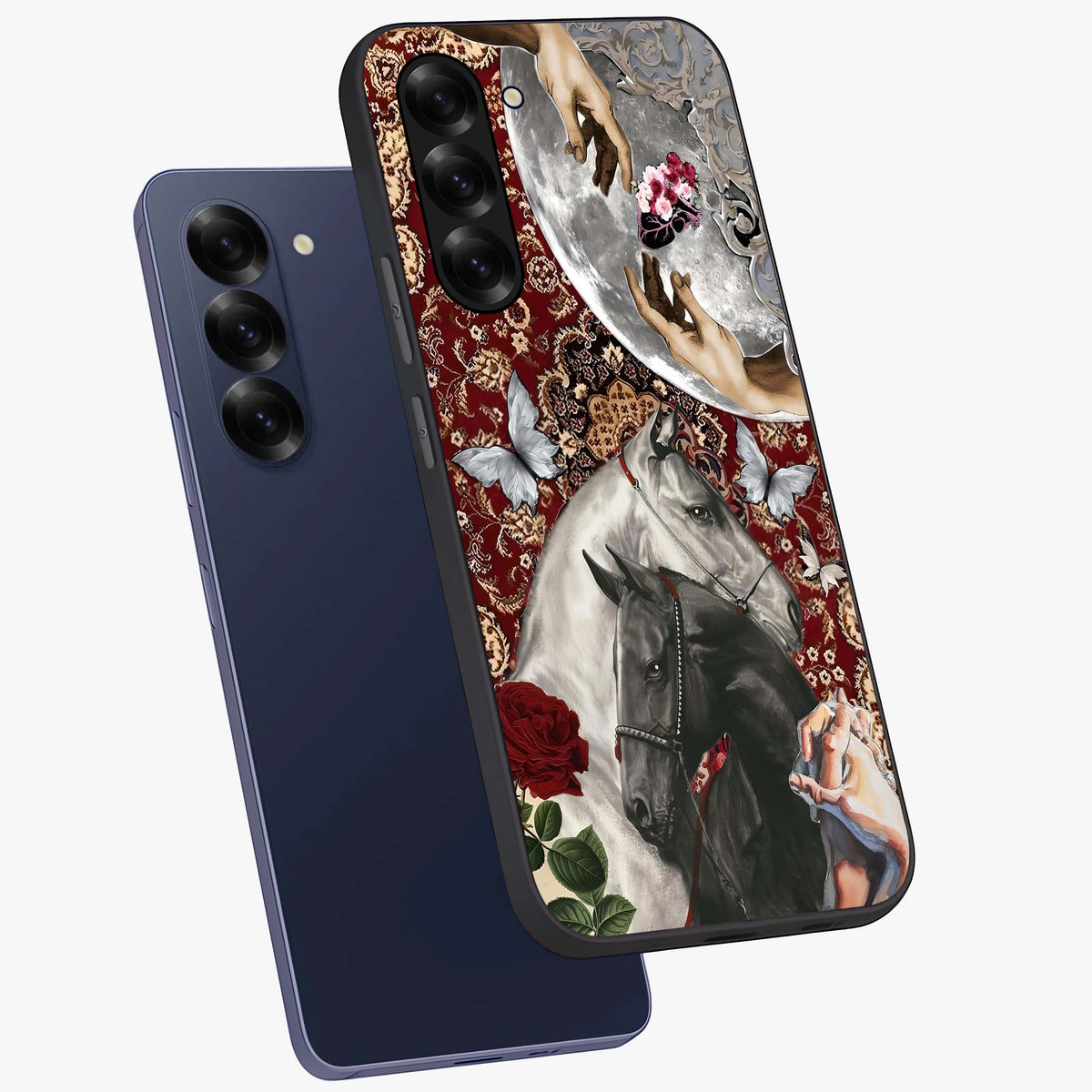 Moonlit Royal Stallion Glass Case displayed in angled mockup highlighting powerful stallion illustration with royal night aesthetic.