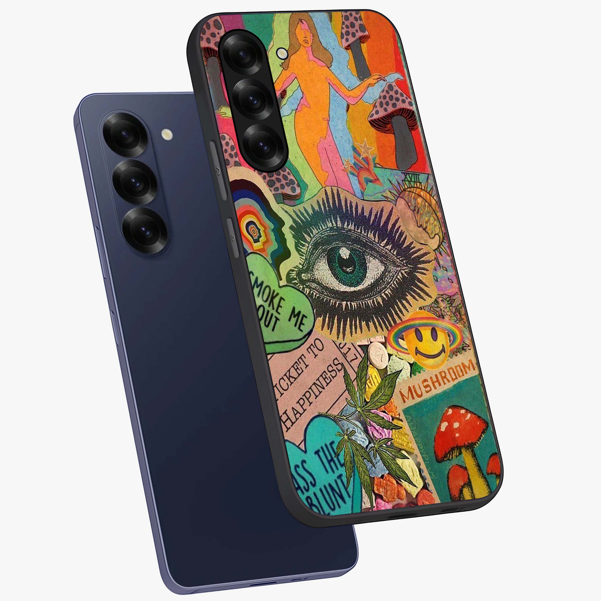 Mystic Eye Wonderland Glass Case displayed in angled mockup highlighting magical eye illustration with dreamy aesthetic.