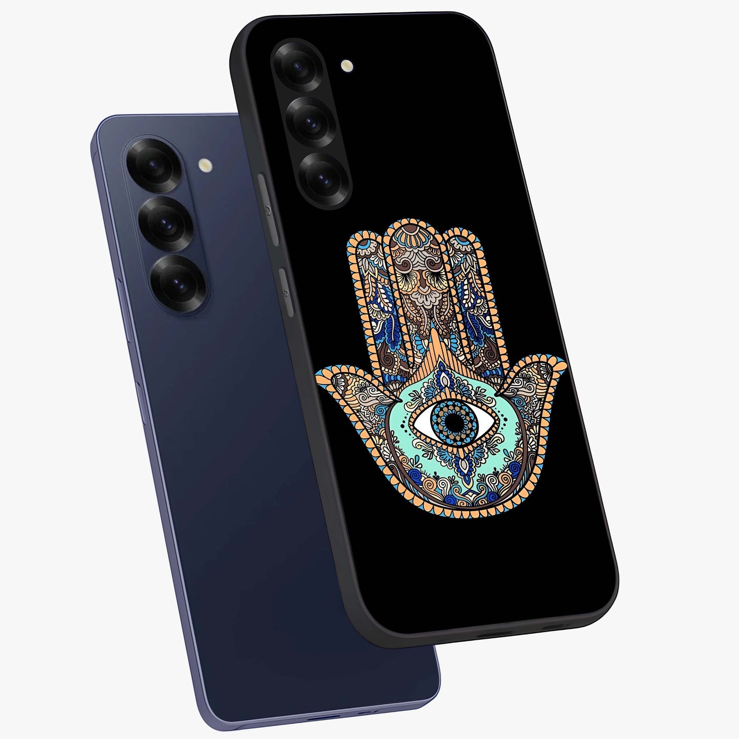Mystic Hamsa Eye Glass Case displayed in angled mockup highlighting spiritual hamsa symbol with mystical aesthetic style.