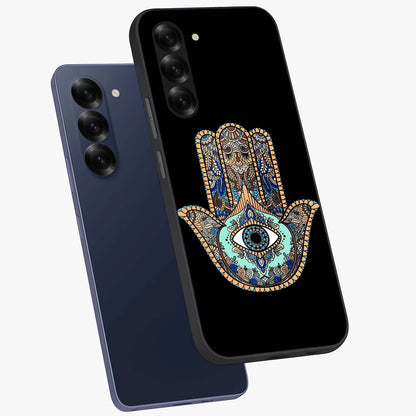 Mystic Hamsa Eye Glass Case displayed in angled mockup highlighting spiritual hamsa symbol with mystical aesthetic style.