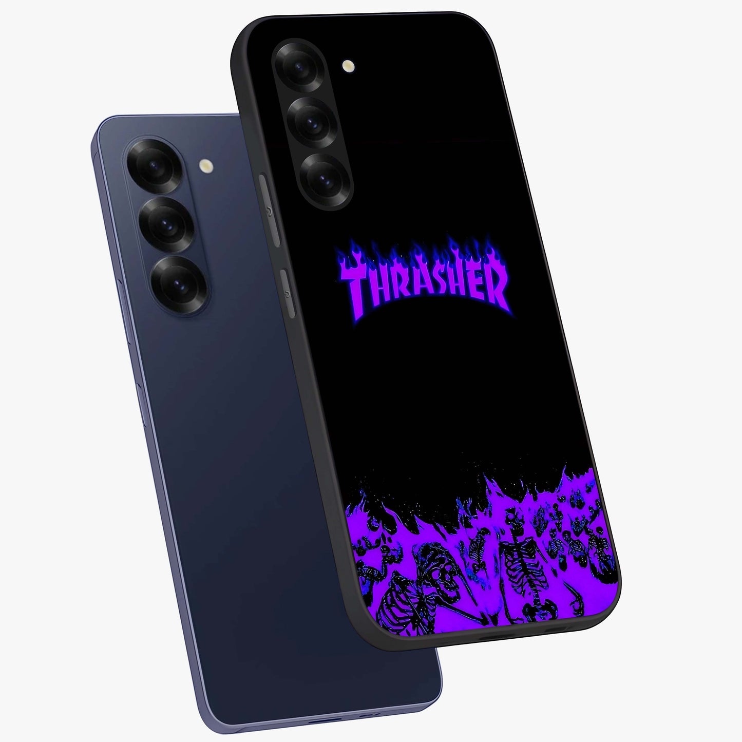 Neon Flame Riot Glass Case displayed in angled mockup highlighting glowing flame design with vibrant neon aesthetic.